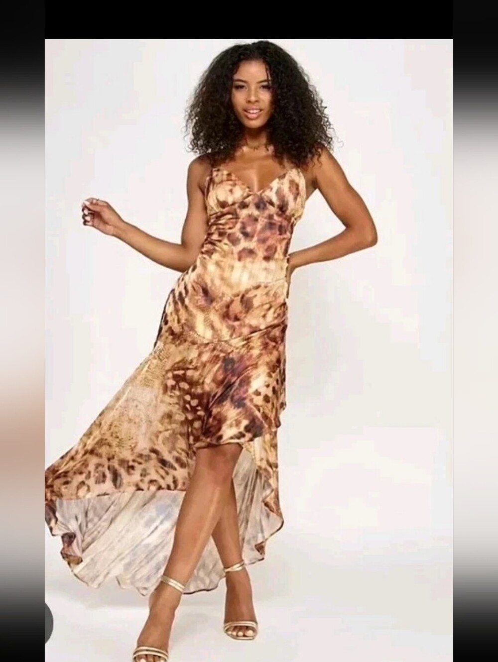 Katia Rae NWT Nude Brown Animal Print Ruffle Maxi Dress Size L Party $159